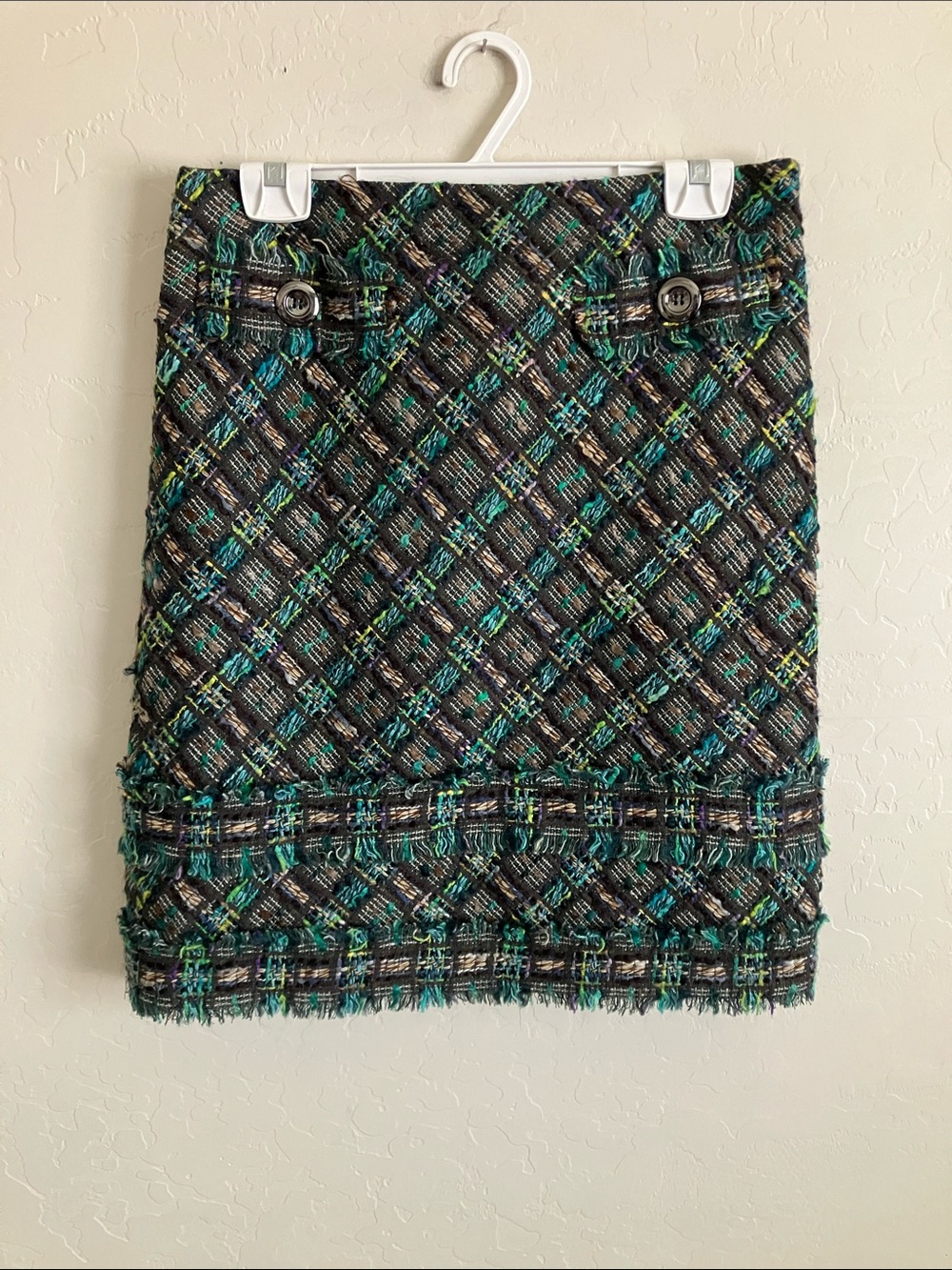 Per Se Skirt Wool Silk Tweed Pencil Knee Length Fringe Accent Geometric Size 8